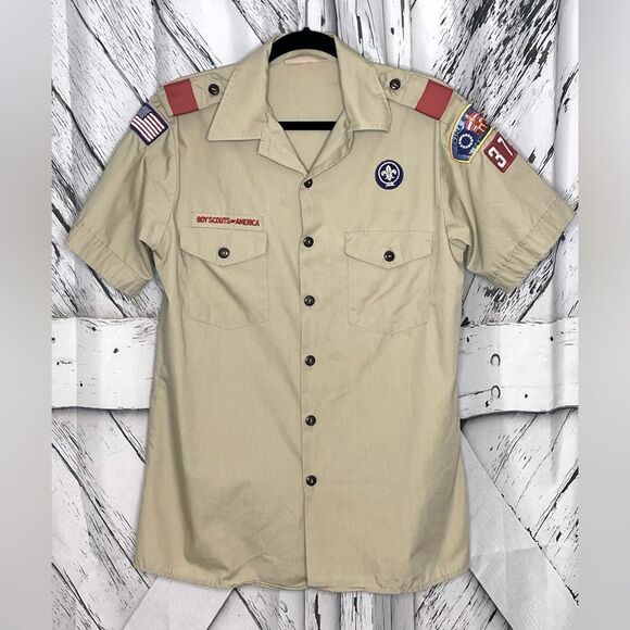 Vintage BSA Boy Scouts of America USA Men Official Shirt Patches Sz M 15/15.5 - Picture 1 of 6